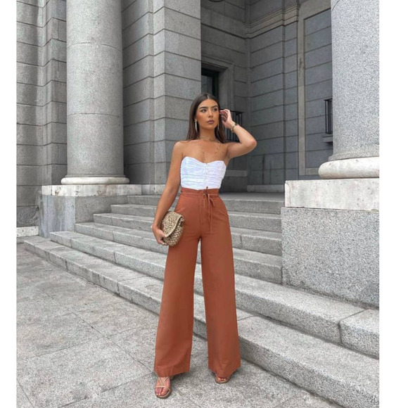 Zara Full Length Linen Blend Pants Brown - Picture 1 of 11